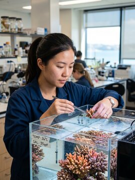Female marine biologist examining coral samples in a laboratory tank for environmental research