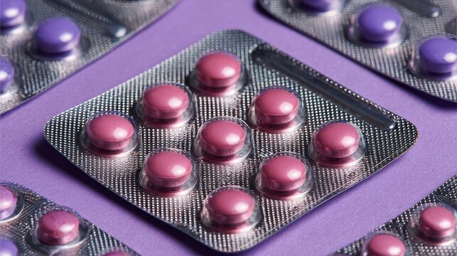 Blisters packed with gum sit on a purple surface, viewed up close.