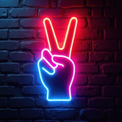 Obraz premium Neon hand sign showing peace and victory against brick wall. Bright glowing V symbol in red and blue lights. Retro symbol of triumph celebration and good luck.