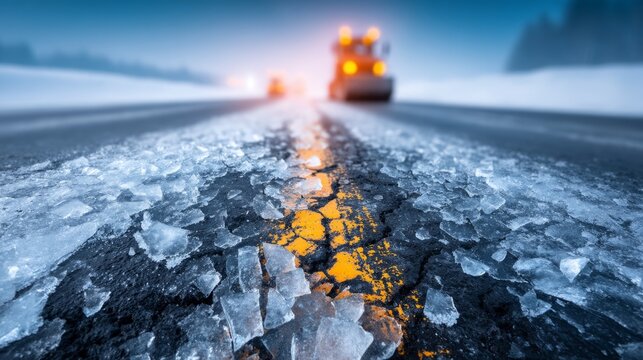 Ice Obscuring Road Marking Lines on a Damaged Winter Road Scene