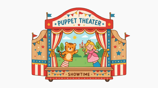 Whimsical puppet show, enchanting world of play. Two hand puppets, a tiger and a princess, dance on a vibrant stage.  Puppet theater embodies child's play, creativity. 