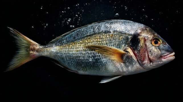 Fish, raw dorada, rests on a black table in a flat arrangement.