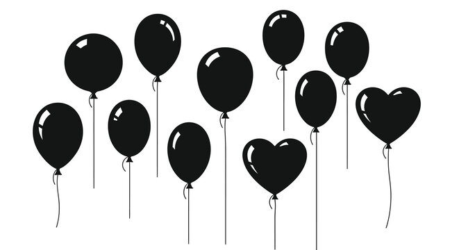 Black balloons collection with heart shape simple silhouette