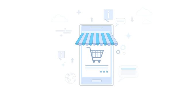 Minimalist concept illustration of a digital storefront on a smartphone screen for e commerce and retail