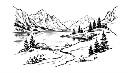 Fototapeta premium Hand-Drawn Mountain Landscape Sketch with Alpine Lake and Pine Trees, Black and White Ink Illustration of Wilderness Nature Scenery in Vintage Engraved Style