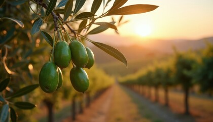 Naklejka premium Green olives grow on a branch in a vineyard at sunset. The Mediterranean landscape and rows of grapevines are blurred softly in the background.