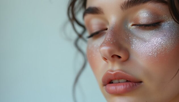 Woman face covered in silver glitter. Close up shot of her eye and lips with sparkle makeup. Soft lighting highlights her facial features and shiny skin. Artistic beauty portrait.