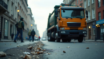 Fototapeta premium Orange garbage truck collects waste on city street. Workers operate vehicle for sanitation service on urban road. People walk by on sidewalk during daytime.