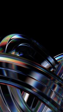 Abstract iridescent glass curved shapes on a black background, vertical 3d render