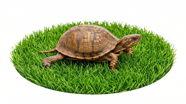 Turtle walking on green grass isolated on white background  