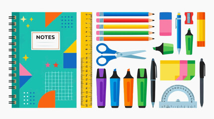 Obraz premium A neatly arranged collection of school supplies, including notebooks, pencils, pens, rulers, and more, artfully presented, emphasizing education and study.