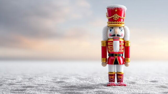 Tall Nutcracker Figure Standing Upright on Snowy Ground in Winter Light