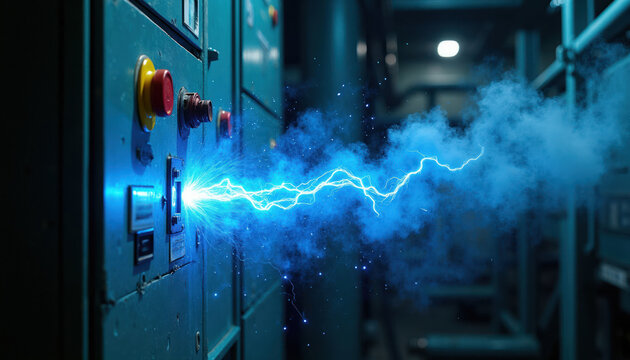 Electric arc flash erupts from power panel. Blue energy discharge and smoke show short circuit danger. Electrical explosion risks in industrial control system.