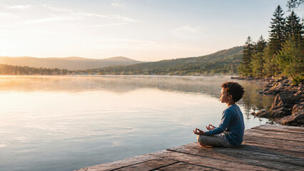 Fototapeta premium Young mixed-race boy practicing mindfulness meditation sitting in lotus pose on a wooden dock by a calm misty lake at sunrise