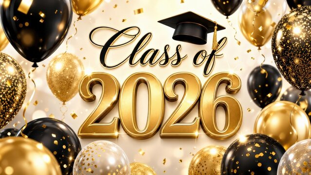 Graduation celebration design featuring golden text "Class of 2026" with black and gold balloons, confetti, and a graduation cap on a festive background