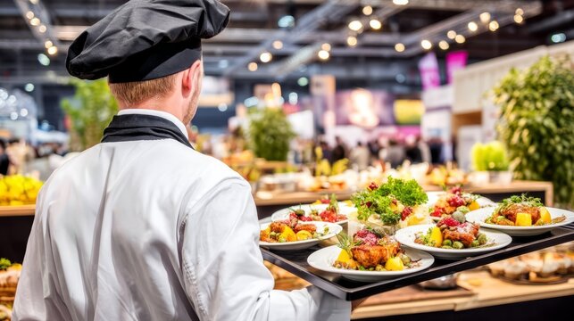 Chef in Uniform Walking Through Food Festival Carrying Delicious Dishes