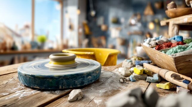 Pottery Workshop with Central Wheel Surrounded by Colorful Clay Materials