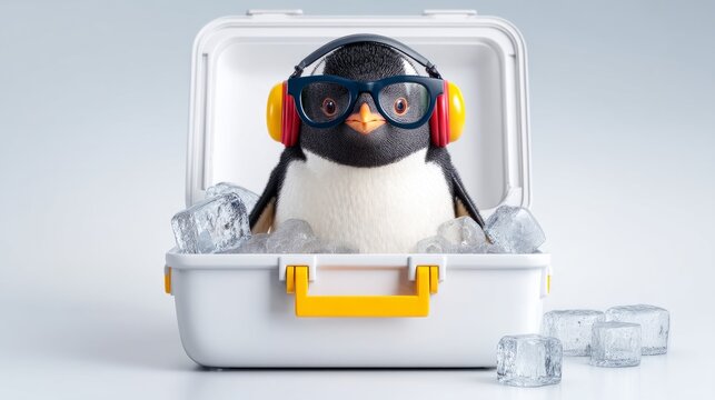 Penguin Wearing Earmuffs Sitting in a Cooler with Ice Cubes