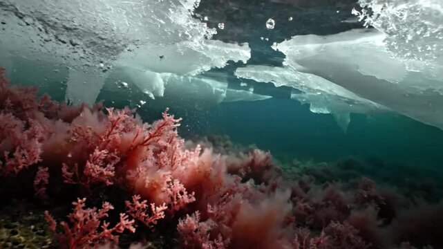 Underwater view of vibrant red algae and ice formations beneath the surface of cold ocean water