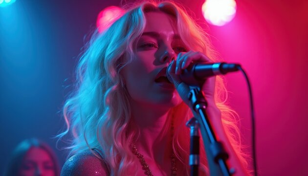 Blonde woman sings into microphone in studio with colorful lights. Energetic performance captures musical passion. Stage lighting creates vibrant atmosphere for solo artist.