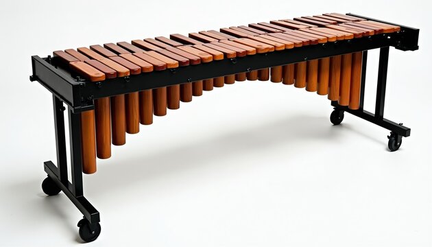 Marimba musical instrument with wooden bars on black frame with resonators and wheels. Percussion device rests on white background studio floor. Classic orchestra sound equipment.