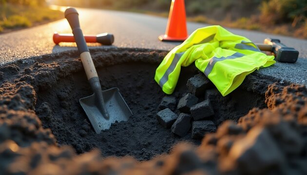 Road repair work requires shovel, hammer, traffic cone and high visibility vest. Broken asphalt pavement and earth layers are visible at construction site.