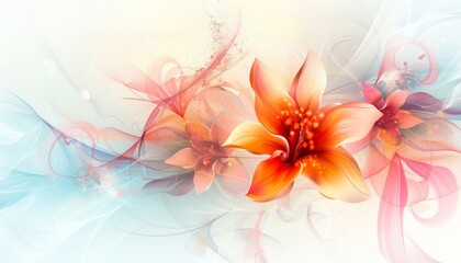 Obraz premium Vibrant floral abstract design featuring orange lilies and delicate swirls on a soft pastel background