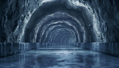 Naklejka premium Mysterious underground tunnel with reflective water and illuminated rocky walls creating an eerie atmosphere