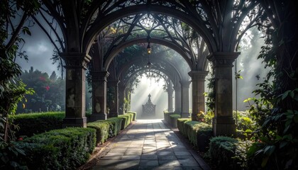 Fototapeta premium Arched pathway through a garden illuminated by sunlight with lush foliage