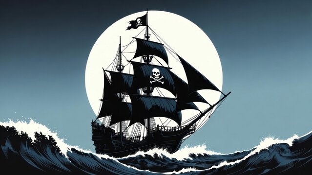 Pirate ship riding waves under full moon at night sea