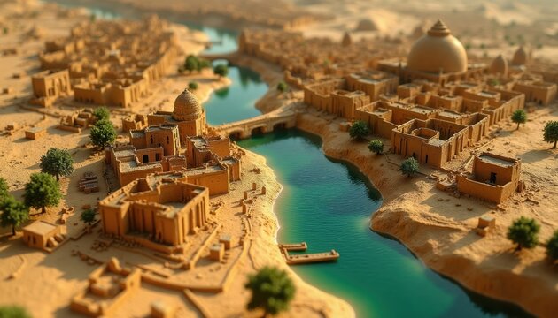 Ancient city on river bank. Old town with dome buildings on desert landscape. Civilization with brick houses and canals shows early urban development and trade center. River travel.