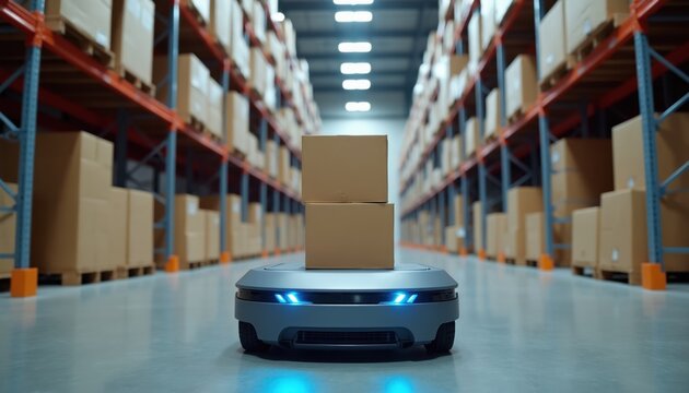 Automated mobile robot carries cardboard boxes through modern industrial warehouse. Robot moves between tall shelves stacked with goods in fulfillment center. Technology improves logistics, storage