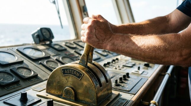 Hands of a ship captain operating a vintage brass engine order telegraph on the bridge