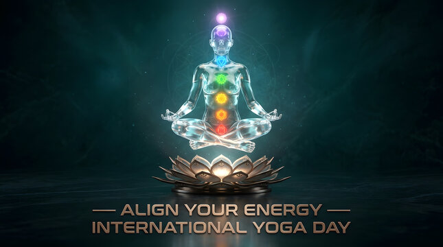International Yoga Day chakra meditation figure lotus glowing energy alignment spiritual poster banner