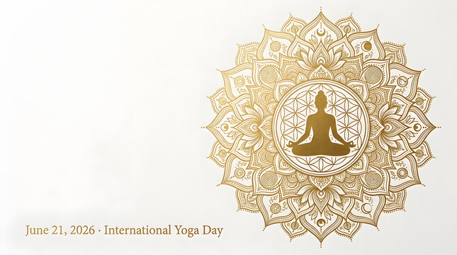 International Yoga Day 2026 June 21 gold mandala meditating figure flower of life white
