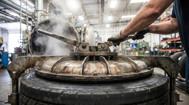 Worker operating a heavy industrial tire retreading and vulcanizing machine in a factory