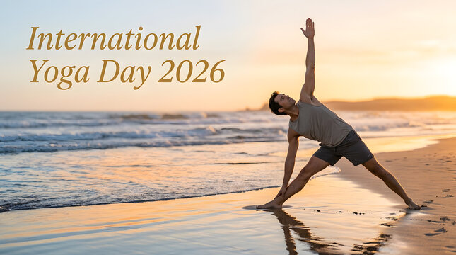 International Yoga Day 2026 man triangle pose beach ocean sunset golden hour fitness