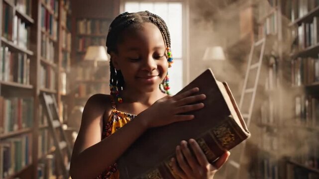 Curious african american girl discovering a large, ancient book in a mysterious old library, blowing away a cloud of dust from its pages and smiling with delight at her magical find
