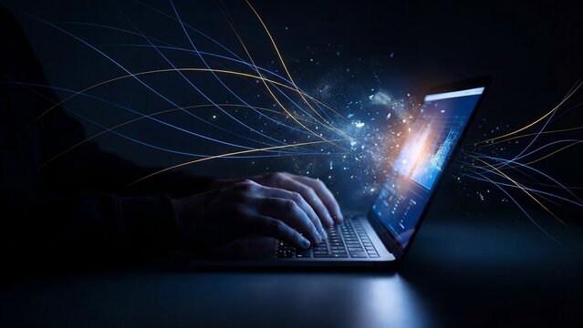 Hands typing on laptop with glowing blue data streams and digital network flow, futuristic technology concept showing cloud computing, artificial intelligence processing, coding and secure data transf