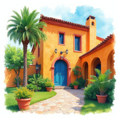Naklejka premium Spanish Hacienda architecture with orange walls and blue doors. Palm trees and green plants surround a stone pathway leading to the entrance. Sunny day with blue sky and clouds.