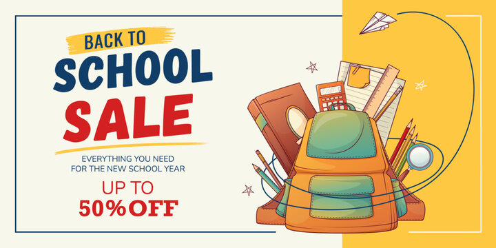 Back to school sale background with backpack, books and stationery. Vector illustration with discount offer, design for education advertising and promotion. Banner template 