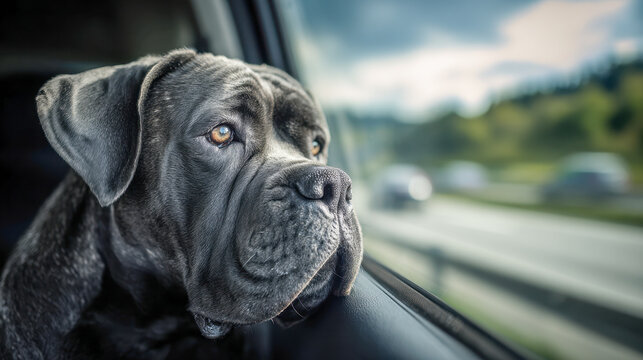 Thoughtful large gray dog gazing out car window at passing highway traffic during daytime road trip with scenic background of trees and sky