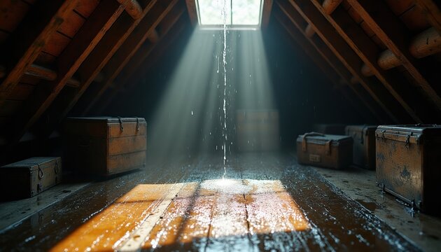 Water drips from attic skylight onto old wooden floor. Sunlight beams through window. Dusty chests stored in dark, old attic space under roof beams. Room needs repair.