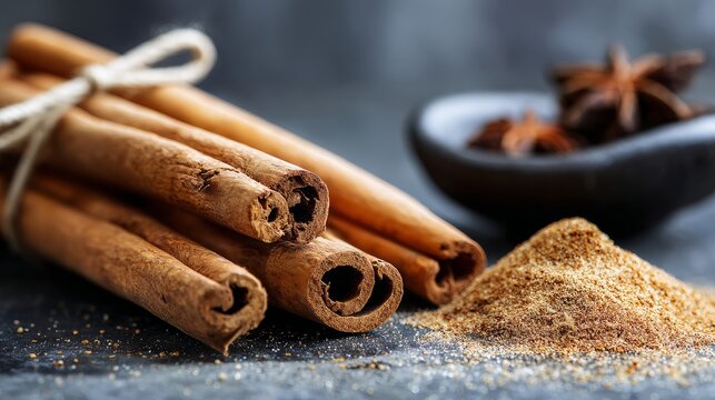 Cinnamon sticks, smelling nice, are close up in the background.