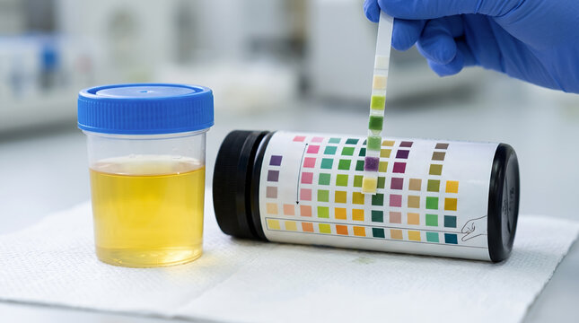 Hands in blue gloves comparing urine test strip to color chart for monitoring glucose and ketones in diabetic pet health. Urinalysis dipstick. Canine Diabetes treatment and symptoms with copy-space.