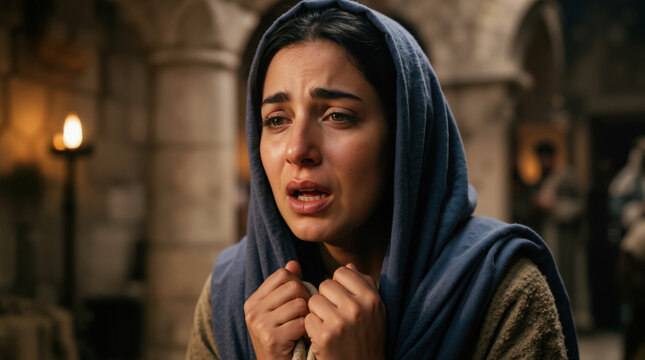 Close-up portrait of a crying woman praying silently in an ancient stone temple. Biblical character Hannah pleading with tears in her eyes. Religious faith and deep sorrow concept