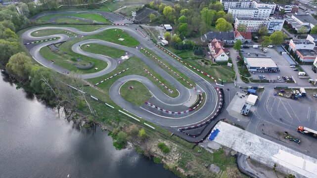 Aerial Bydgoszcz Poland motorcycle race track slide 3. Recreation, sport and competition race track for motorcycles. Northern Poland. River Brda tributary of Vistula. Transportation modern city.