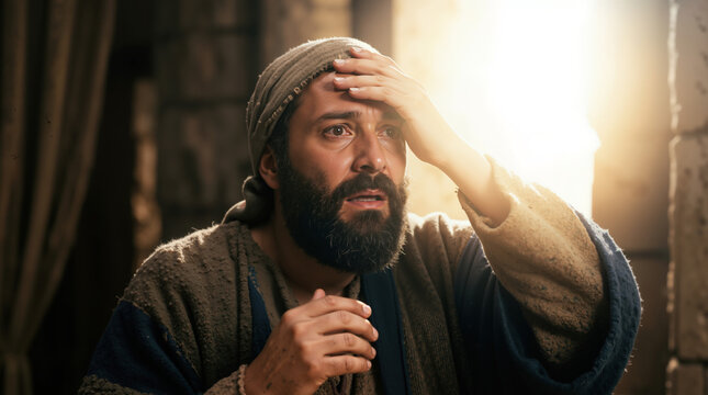 Biblical prophet Isaiah experiencing a divine vision of the Lord. Ancient bearded man looking at bright light in awe with his hand on his forehead. Religious and spiritual revelation concept