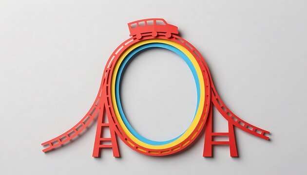 Paper cut style of a single roller coaster loop, made from layered colorful paper. a tiny paper cut-out of a coaster car sits at the top.
