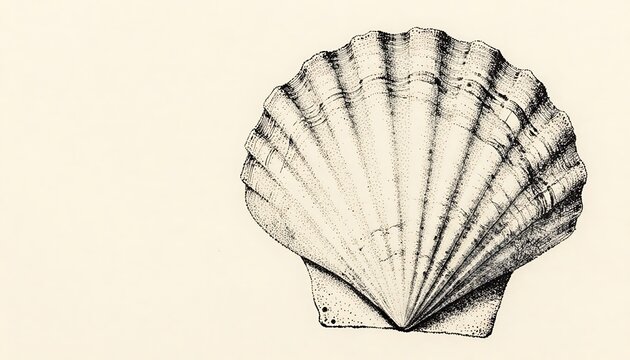 Vintage illustration of a detailed scallop shell on beige background  
